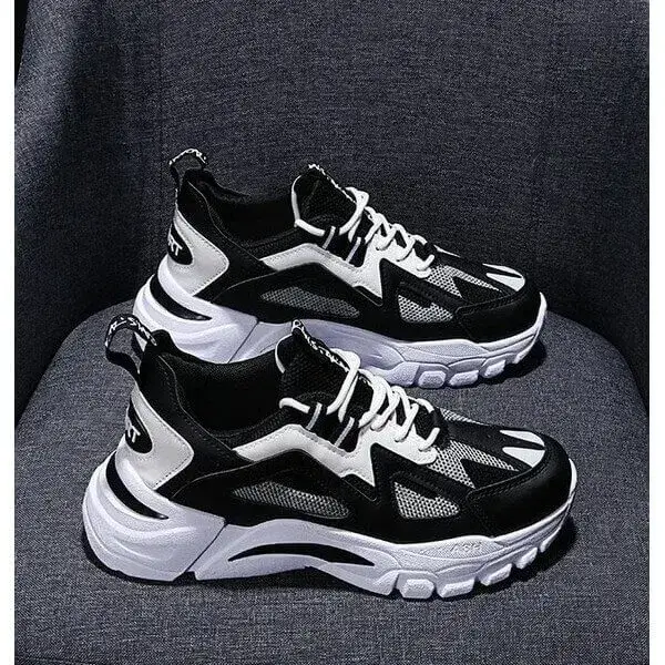 Mens Colorblock Mesh Sneakers | Breathable Lightweight Platform Casual Shoes in White Blue, White Red, Black