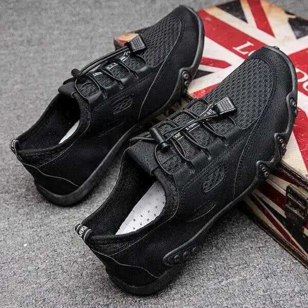 Mens Breathable Mesh Sneakers | Leather Low-Top Casual Shoes in Black, Coffee, White
