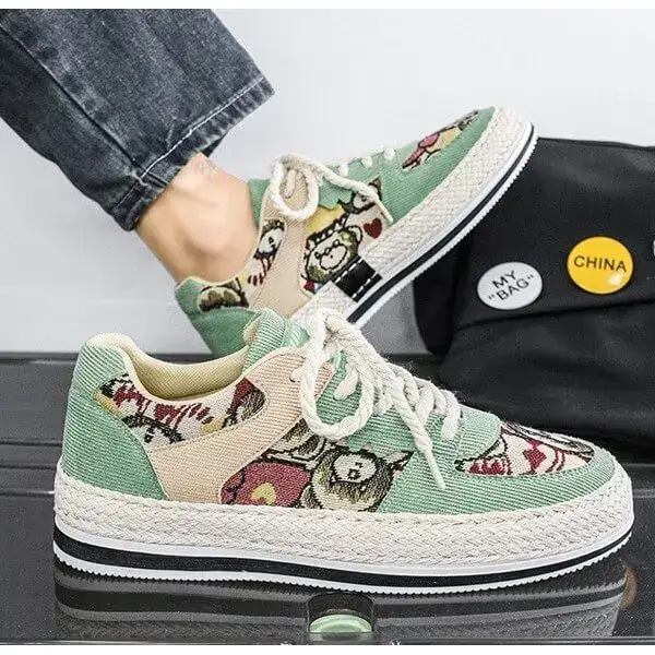 Mens Color-Matching Canvas Sneakers | UV-Resistant Low-Top Casual Shoes in Beige, Black, Green