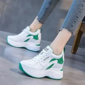 Mukeshhousehold Women Fashion Round Toe Platform Medium Heel Lace-Up Colorblock Sneakers