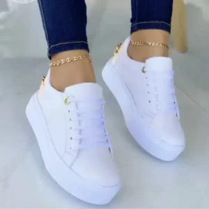 Mukeshhousehold Women Fashion Round Toe Platform Lace Up Solid Color Sneakers