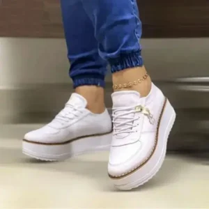 Mukeshhousehold Women Fashion Round Toe Solid Color Pu Hidden Wedge Lace-Up Low Top Sneakers Shoes