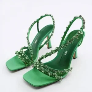 Mukeshhousehold Women Fashion Plus Size Sexy Rhinestone Strap Square Toe Heeled Sandals