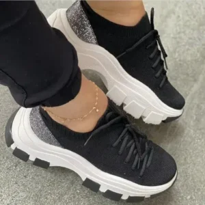 Mukeshhousehold Wedge Heel Flying Woven Colorblock Lace-Up Sneakers Large Size Casual Low Top Women Shoes