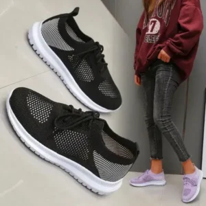 Mukeshhousehold Women Casual Sports Lace-Up Design Mesh Breathable Solid Color Sneakers