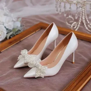 Mukeshhousehold Women Fashion Sexy Pointed Satin Pearl Pointed Toe Shoes