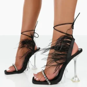 Mukeshhousehold Women Fashion Sexy Rhinestone Feather Decorative Solid Color High Heel Sandals Shoes