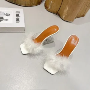 Mukeshhousehold Women Fashion Sexy Feather Decoration Solid Color Chunky High Heel Slippers Shoes