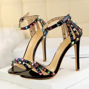 Mukeshhousehold Fashion Women Sexy 11cm High Heels Rivets Studded Sandals Ankle Buckle Strap Stiletto Shoes