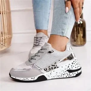 Mukeshhousehold Women Fashion Casual Leopard Print Color Matching Lace-Up Platform Sneakers