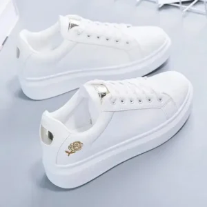 Mukeshhousehold Women Casual Fashion Rose Embroidery Thick-Soled Comfortable PU Leather White Sneakers