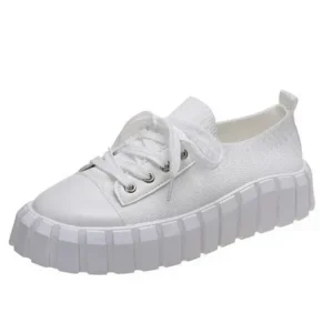 Mukeshhousehold Thick-Soled Fly-Woven Fabric Breathable Women Flat Lace-Up Elastic Sneakers