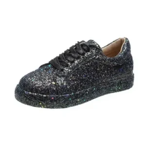 Mukeshhousehold Women Creative Casual Sequined Solid Color Lace-Up Low-Top Flat Sneakers