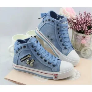 Mukeshhousehold Women Casual Spring Zipper Decor Lace-Up High Top Denim Canvas Sneakers