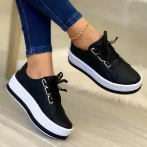 Mukeshhousehold Women Casual Round Toe Lace-Up Block Color Platform Shoes PU Sneakers