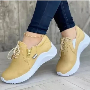 Mukeshhousehold Women Casual Round Toe Low Cut Lace-Up PU Side Zipper Design Solid Color Sneakers