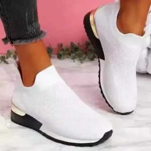 Mukeshhousehold Women Casual Round Toe Solid Color Breathable Mesh Upper Wedges Slip On Sneakers