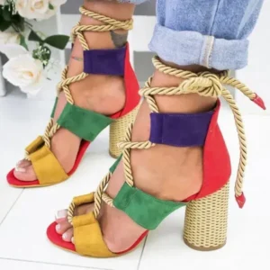 Mukeshhousehold Women Fashion Sexy Cross Hollow Lace Up Design Color Blocking High Heel Sandals Shoes