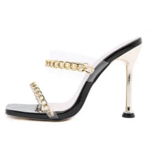 Mukeshhousehold Women Sexy Plus Size Metal Chain Square-Toe High Heel Sandals