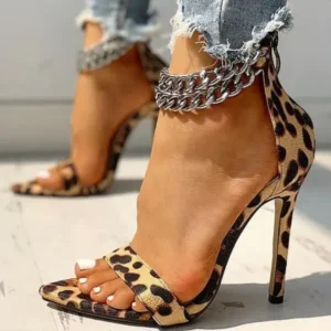 Mukeshhousehold Women Sexy Metal Chain Buckle Ankle Strap Animal Printed High Heels