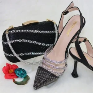 Mukeshhousehold Women Classic Black Pointed Shoes Transparent Pvc Rhinestone Chain Square Hand Bag Set