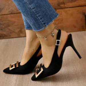 Mukeshhousehold Summer Women Fashion Casual Plus Size Solid Color Pointed Toe Metal Buckle Sling Back High Heel Sandals