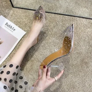 Mukeshhousehold Women Fashion Sexy Rhinestone Decorative Pointed Toe Transparent High Heel Sandals