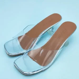 Mukeshhousehold Women Fashion Casual Square Toe Transparent Design Mid Heel Slippers