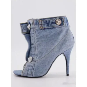 Mukeshhousehold Women Fashion High Heel Denim Button High Top Boots