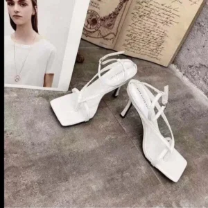 Mukeshhousehold Women Fashion Sexy PU Solid Color Square Toe Stiletto Heel Ankle Strap Buckle Thong Sandals