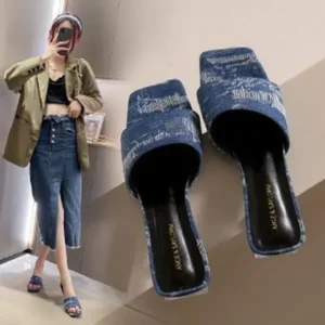 Mukeshhousehold Women Fashion Casual PU Denim Square Toe Chunky Heel Slippers