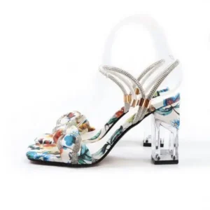 Mukeshhousehold Women Fashion Sexy PU Rhinestone Floral Printed Square Toe Chunky Heel ?Sandals