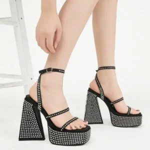 Mukeshhousehold Women Fashion Sexy PU Rhinestone Solid Color Round Toe Platform Chunky Heel Ankle Strap Buckle Sandals6