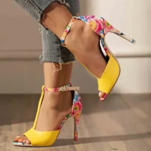 Mukeshhousehold Women Fashion Sexy Floral Printed Peep Toe Stiletto Heel Ankle Strap Buckle Sandals