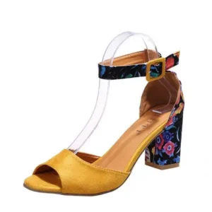 Mukeshhousehold Women Fashion Sexy PU Floral Printed Peep Toe Chunky Heel Ankle Strap Buckle Sandals