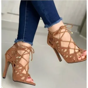 Mukeshhousehold Women Fashion Sexy Solid Color Hollow Peep Toe Stiletto Heel Bandage Sandals