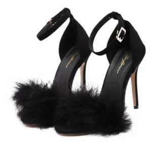 Mukeshhousehold Women Fashion Sexy PU Solid Color Feather Peep Toe Stiletto Heel Ankle Strap Buckle Sandals