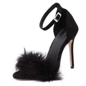 Mukeshhousehold Women Fashion Sexy Solid Color Feather Peep Toe Stiletto Heel Ankle Strap Buckle Sandals