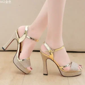 Mukeshhousehold Women Fashion Elegant PU Round Toe Platform Ankle Strap Buckle Sandals