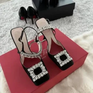 Mukeshhousehold Women Fashion Elegant PU Square Toe Rhinestone Stiletto Heel Ankle Strap Buckle Sandals