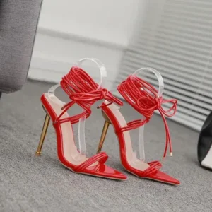 Mukeshhousehold Women Fashion Sexy Solid Color PU Bandage Stiletto Heel Sandals