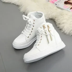 Mukeshhousehold Women Fashion Solid Color Side Zipper Lace-Up Round Head Thick-Soled Sneakers