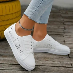 Mukeshhousehold Women Fashion Solid Color Plus Size Hollow Lace-Up Round-Toe Sneakers