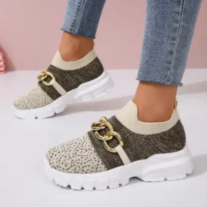 Mukeshhousehold Women Fashion Color Block Metal Chain Thick-Soled Breathable Fly-Woven Sneakers