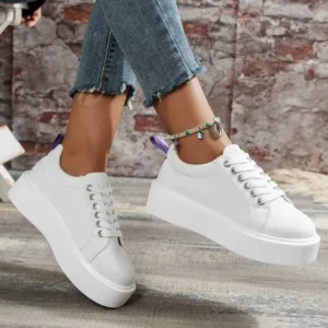 Mukeshhousehold Women Fashion Solid Color Round-Toe Lace-Up Thick-Soled Sneakers