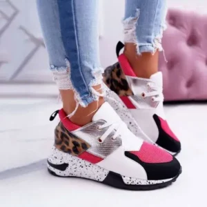 Mukeshhousehold Women Casual Leopard Printed Patchwork Lace Up Sneakers