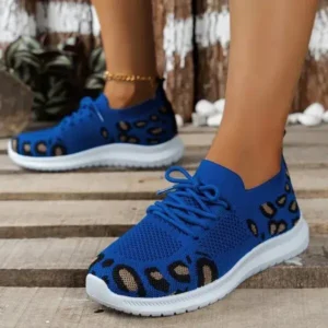 Mukeshhousehold Women Fashion Casual Leopard Print Round Toe Fly-Woven Stretch Sneakers