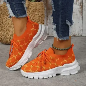 Mukeshhousehold Women Fashion Plus Size Casual Flying Woven Lace-Up Round Toe Sneakers