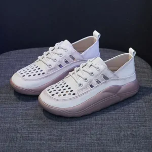 Mukeshhousehold Women Fashion Casual Solid Color PU Lace-Up Hollow Breathable Sneakers