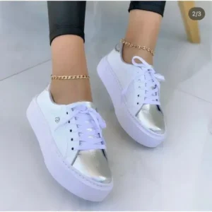 Mukeshhousehold Women Fashionable Round Toe Lace-Up Sneakers